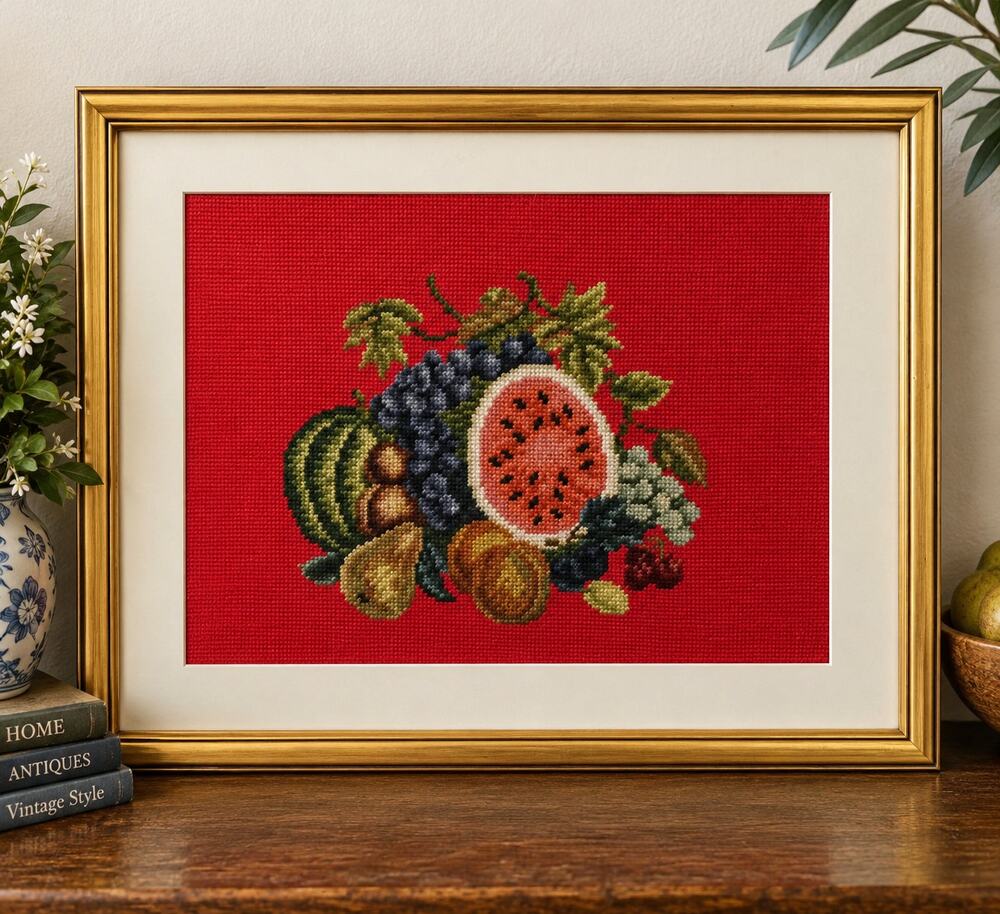 Vintage 1970s Framed Needlepoint Fruit Still Life Red Gold Frame Wall Art 21x18